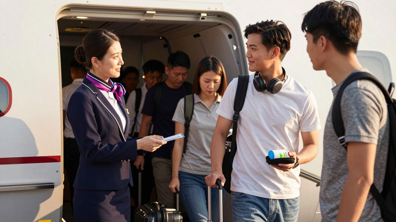 Stewardesa wita pasażerów na pokładzie samolotu. Mężczyzna z słuchawkami trzyma paszport i bilet.