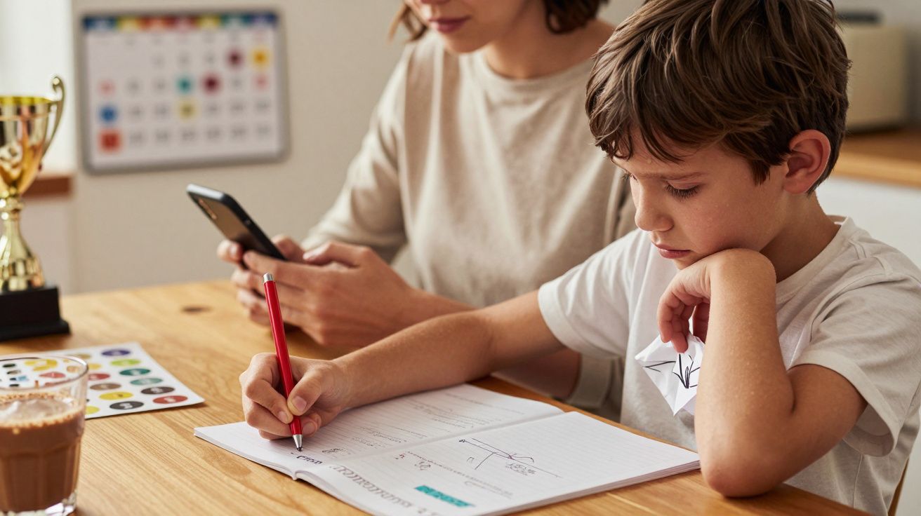 Chłopiec przy biurku pisze w zeszycie, obok niego kobieta przegląda telefon. W tle puchar i kalendarz.