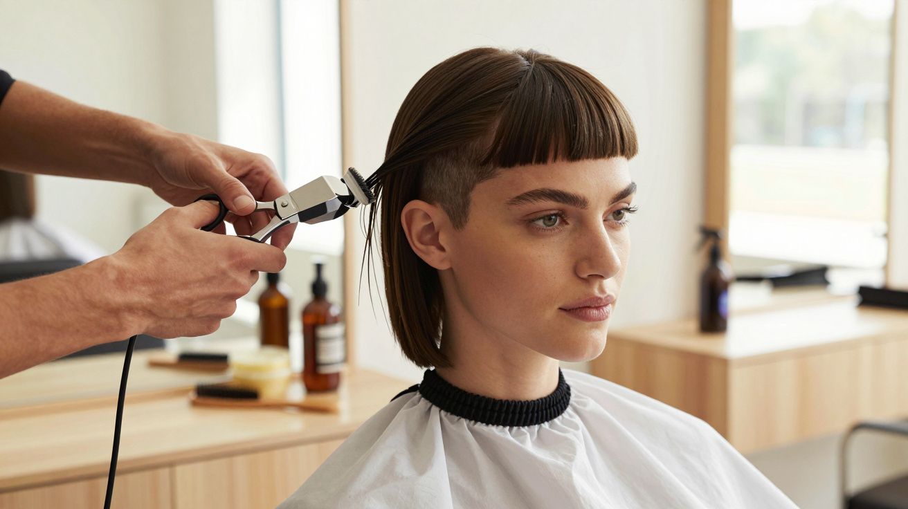 Fryzjer przycina włosy kobiety w salonie, tworząc asymetryczną fryzurę.