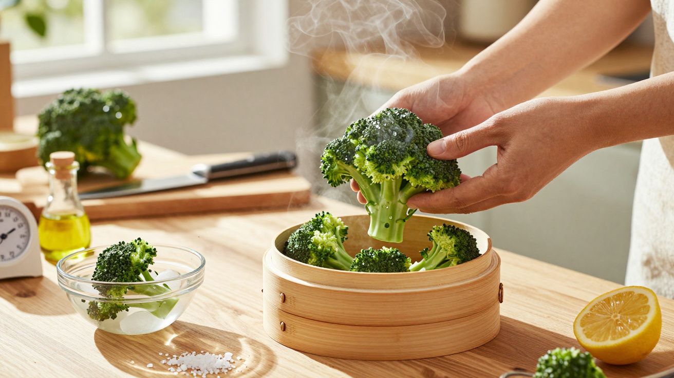 Para rąk układa świeży brokuł w bambusowym parowniku na drewnianym blacie kuchennym.