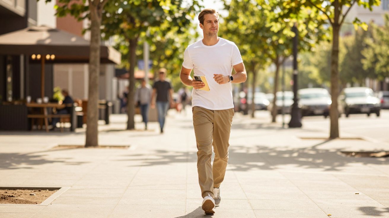 Mężczyzna w białej koszulce idzie chodnikiem trzymając telefon, w tle drzewa i budynki.
