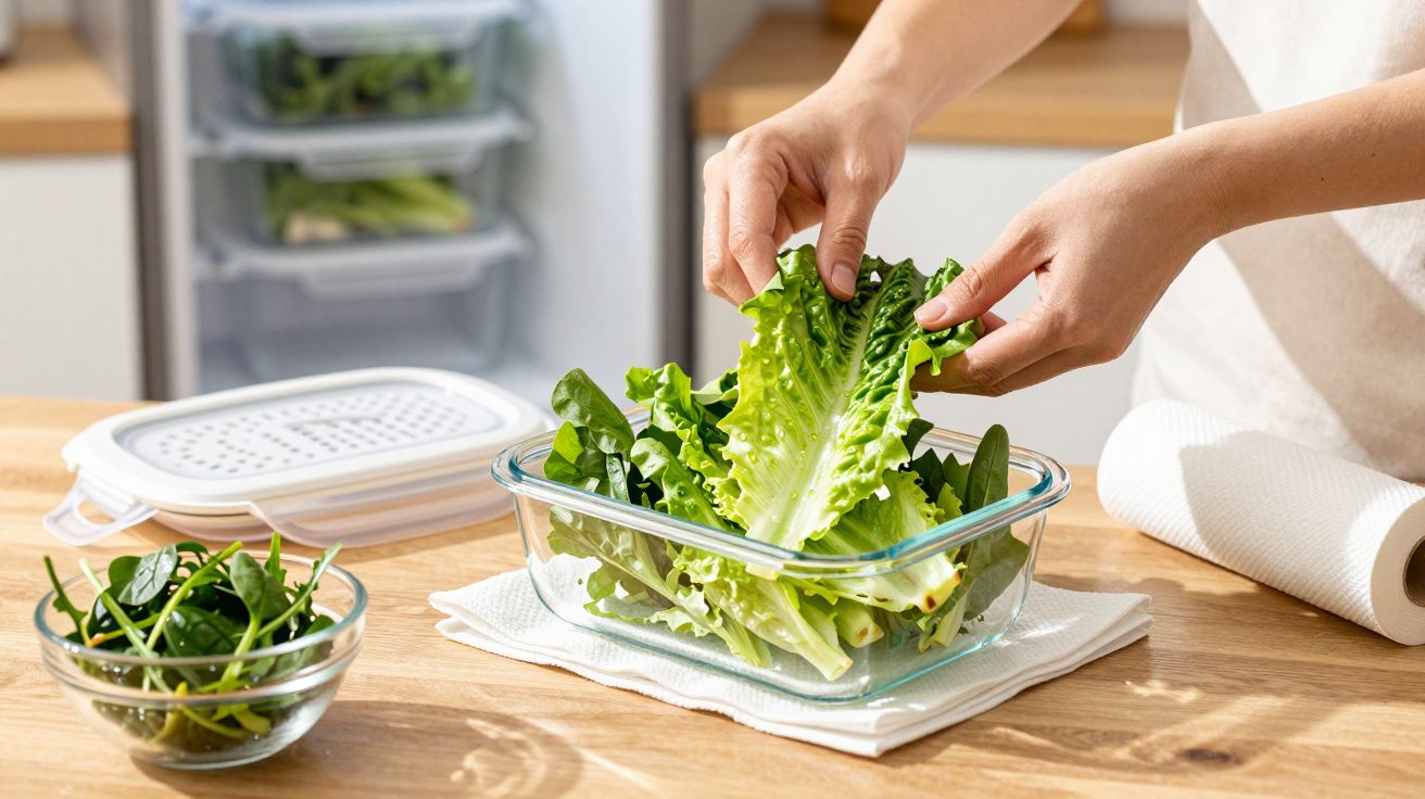 Osoba układa świeżą sałatę rzymską w szklanym pojemniku na drewnianym blacie kuchennym.