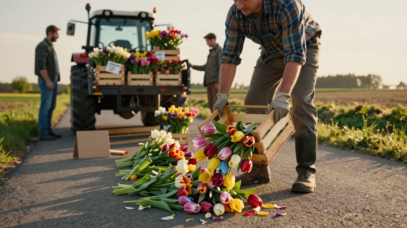 Mężczyzna zbiera tulipany z drogi, obok stoi traktor z drewnianymi skrzynkami pełnymi kwiatów.