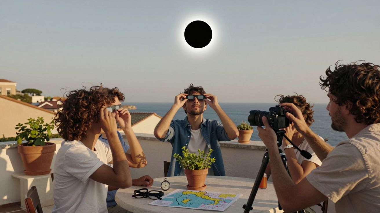 Ludzie na tarasie obserwują zaćmienie słońca przez specjalne okulary, na stole mapa i aparat fotograficzny.