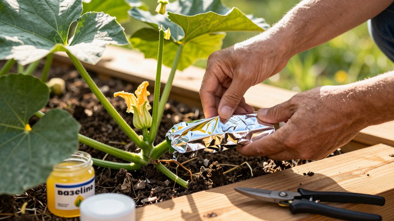 Ręce układają folię aluminiową wokół rośliny dyni w ogrodzie. W tle nożyczki i słoik wazeliny.