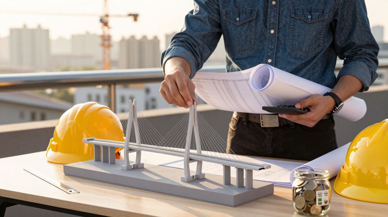 Osoba w dżinsowej koszuli trzymająca plany nad modelem mostu na stole z kaskami i monetami.
