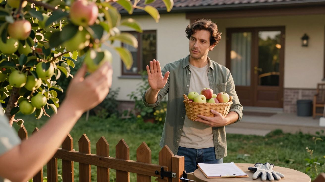 Mężczyzna z koszem jabłek gestykuluje w ogrodzie, stojąc obok drewnianego płotu przed domem.