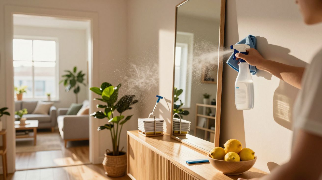 Osoba spryskuje lustro płynem czyszczącym w jasnym salonie z roślinami i misą owoców na komodzie.