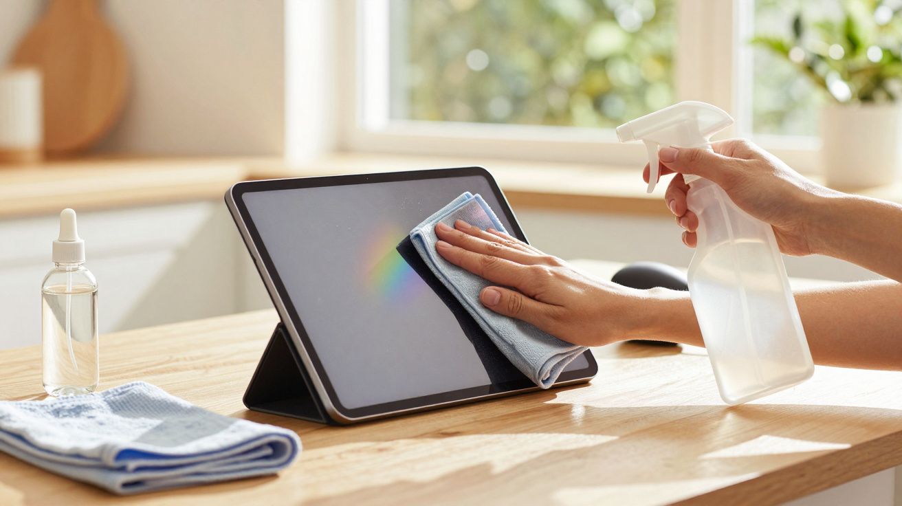 Osoba czyszcząca tablet ściereczką z mikrofibry i sprayem w jasnym pomieszczeniu.