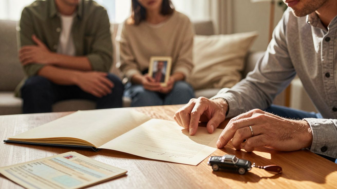 Mężczyzna podpisuje dokumenty przy stole, obok modele auta i kluczyki. W tle para trzyma zdjęcie.