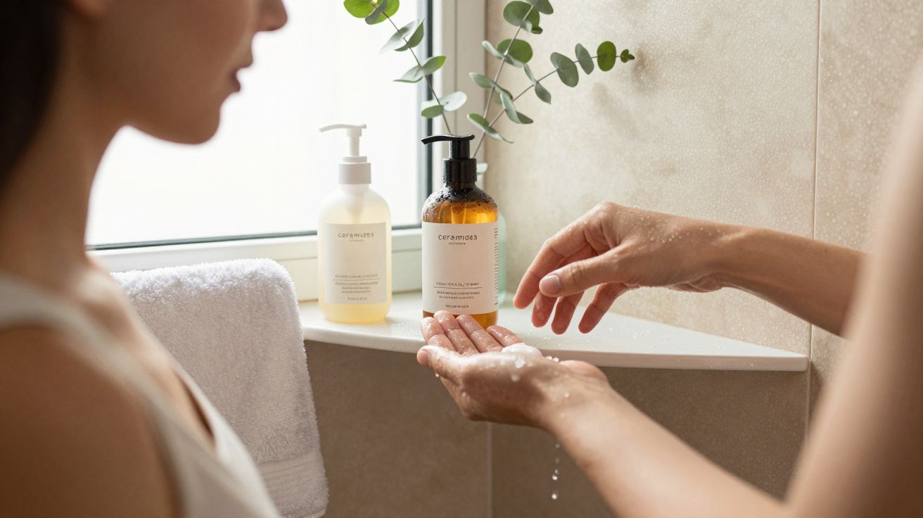 Kobieta myjąca ręce w łazience, obok butelki z mydłem i ręcznik, na tle rośliny w doniczce.