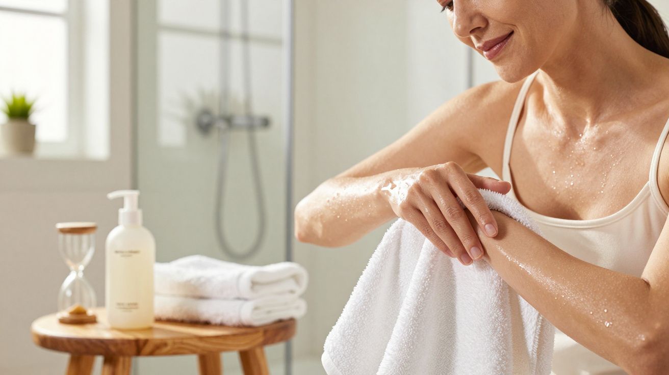 Kobieta suszy ręce ręcznikiem w jasnej łazience, obok stoi butelka z mydłem na drewnianym stoliku.