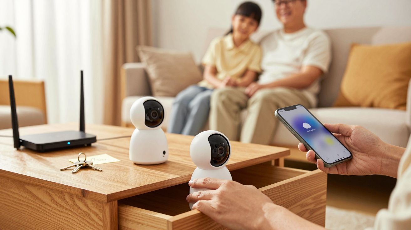 Osoba obsługująca kamery monitoringu za pomocą smartfona, w tle siedzi dwie osoby na kanapie.