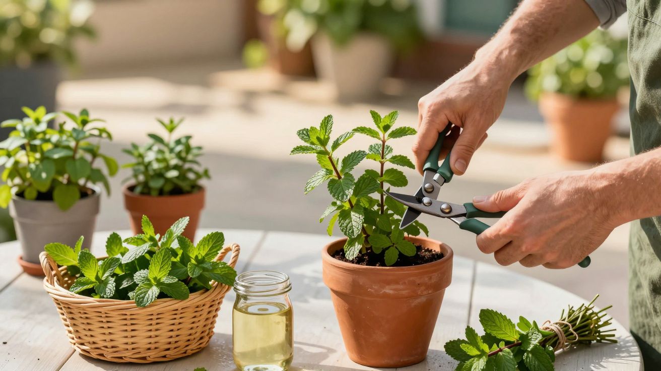 Osoba przycina roślinę w doniczce na stole, obok koszyk z ziołami i słoik z płynem.