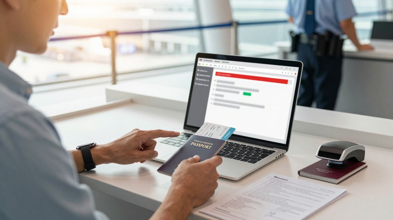 Osoba na lotnisku trzyma paszport i kartę pokładową przy laptopie, obok widoczne dokumenty oraz czytnik.