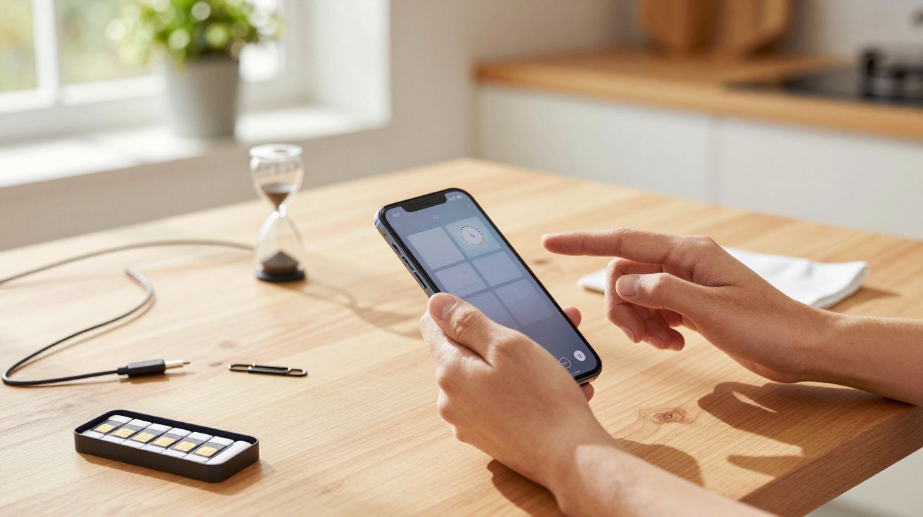 Osoba trzyma smartfon na drewnianym stole, obok piasek w klepsydrze i pilot z przyciskami.