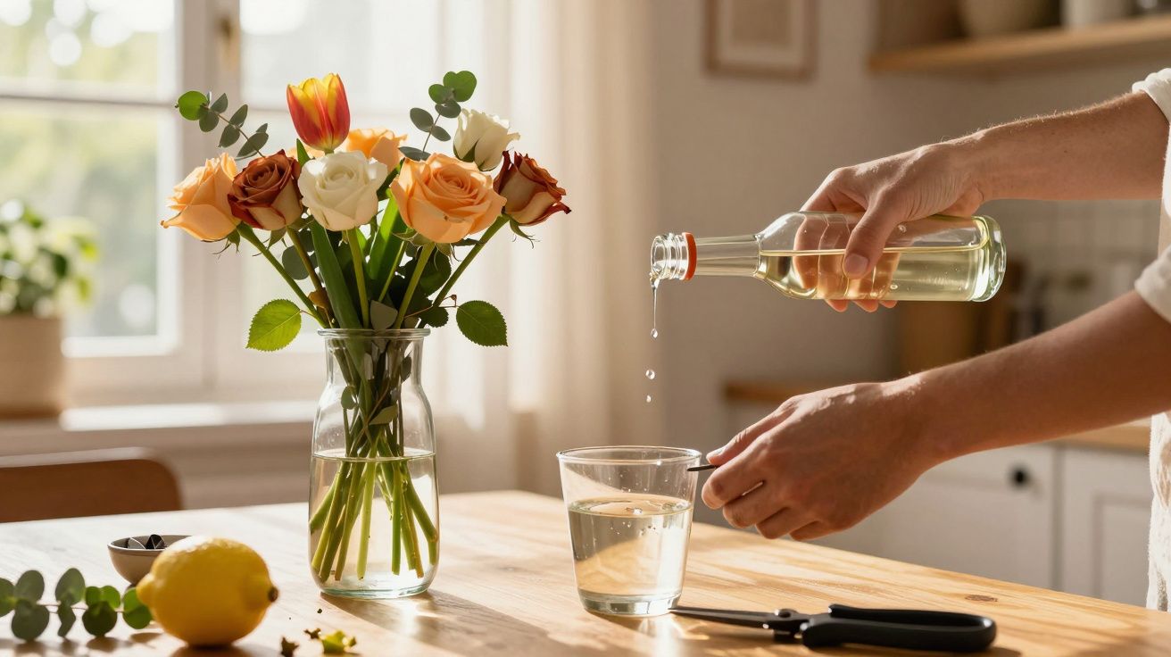 Wazon z kolorowymi różami na stole, obok osoba nalewająca wodę do szklanki w jasnym pomieszczeniu.