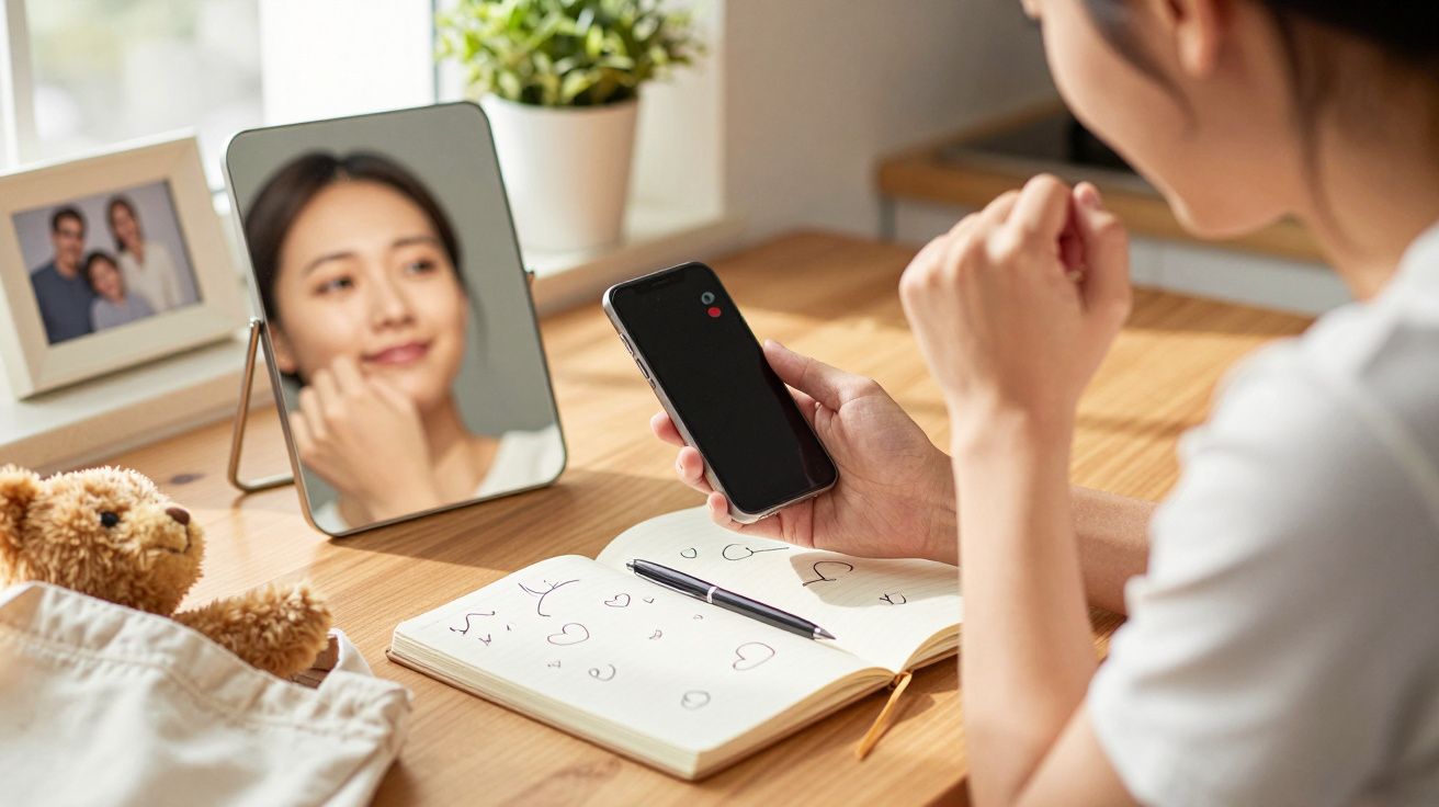 Kobieta przy biurku, trzyma telefon, obok lustra, zeszyt z rysunkami i pluszowy miś na stole, zdjęcie w tle.