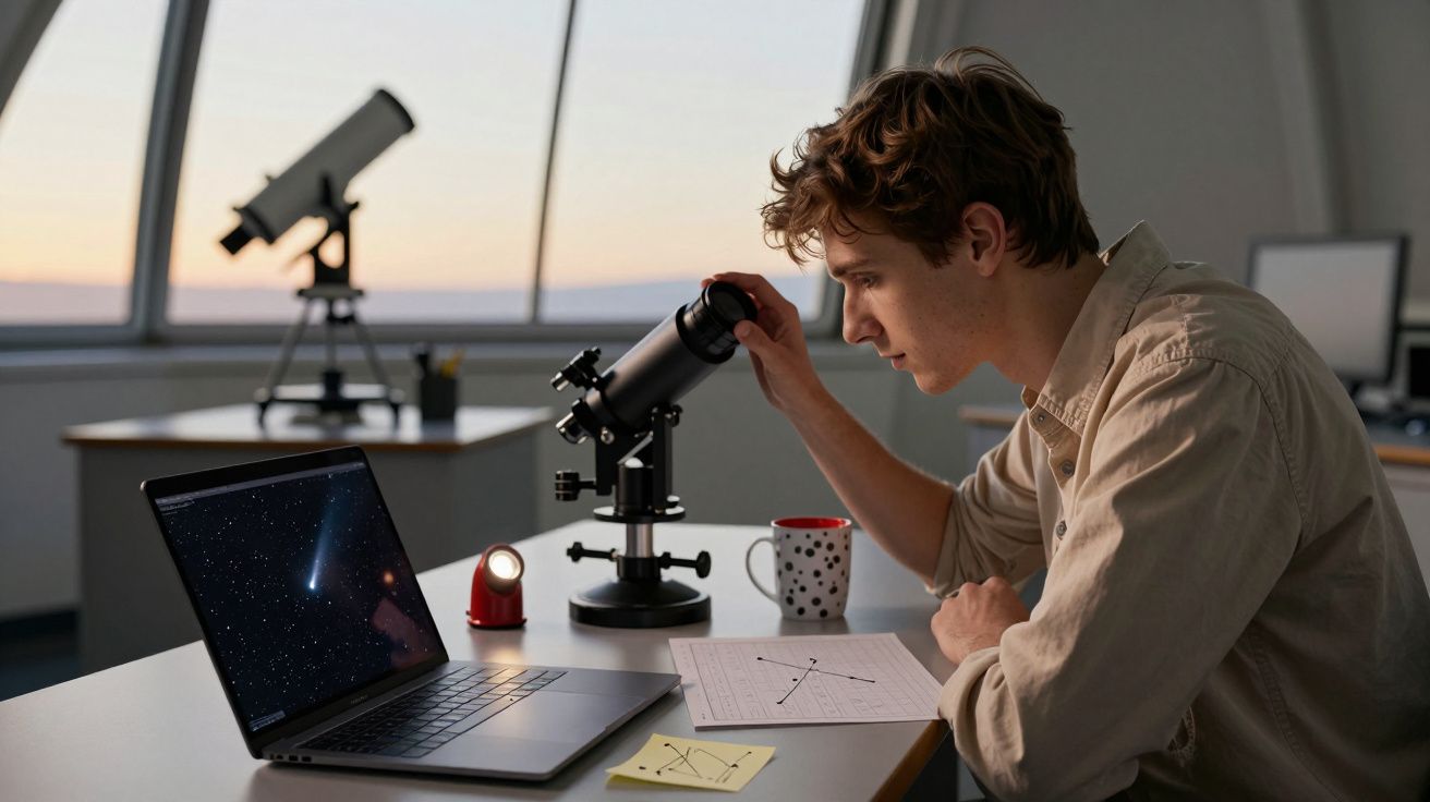 Mężczyzna przy teleskopie w obserwatorium, patrzy na ekran laptopa z obrazem kosmosu. Obok notatki i filiżanka.