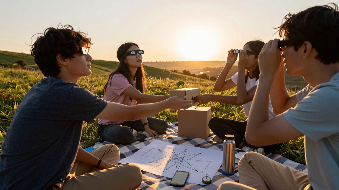 Czworo młodych ludzi ogląda zaćmienie słońca przez specjalne okulary, siedząc na kocu na łące.