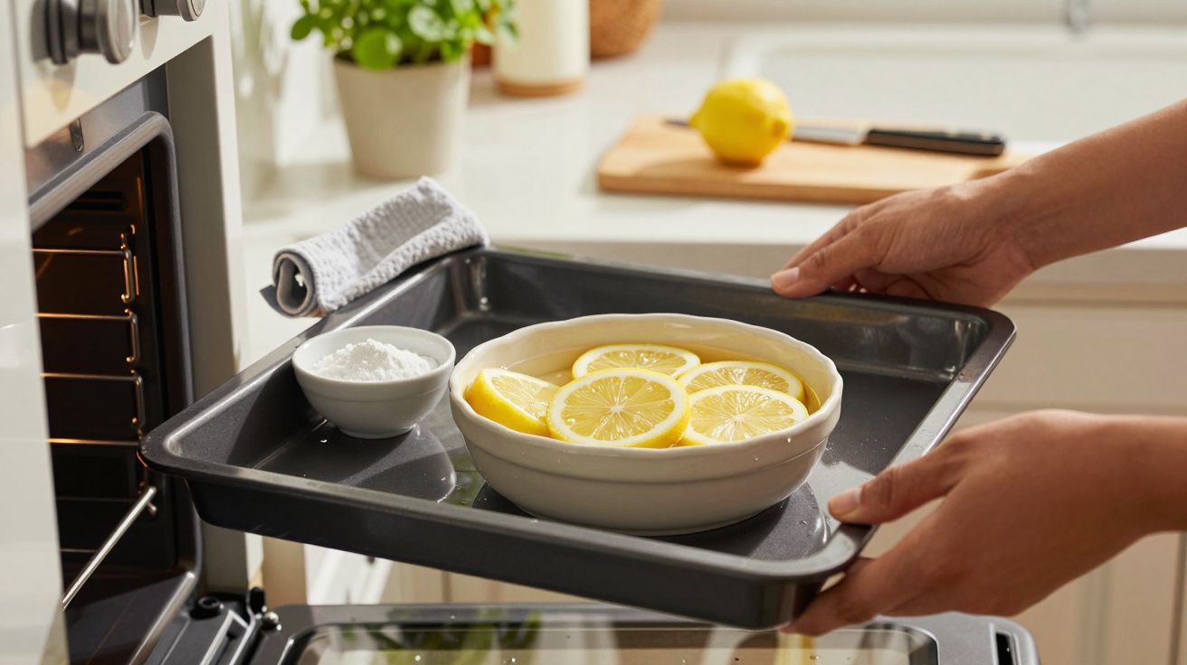 Osoba wkłada do piekarnika formę z ciastem i cytrynami, obok miseczka z cukrem.