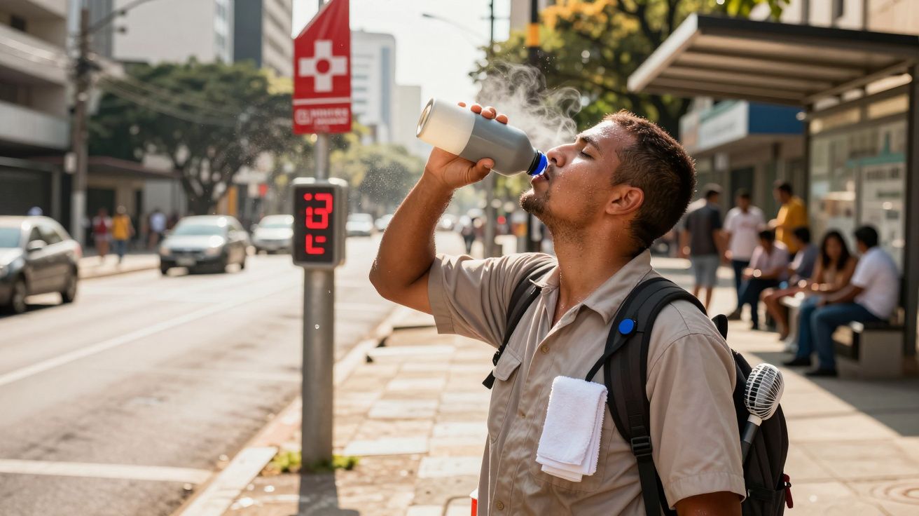 Mężczyzna pije wodę z butelki na słonecznej ulicy, temperatura na wyświetlaczu 33°C, przechodnie w tle.
