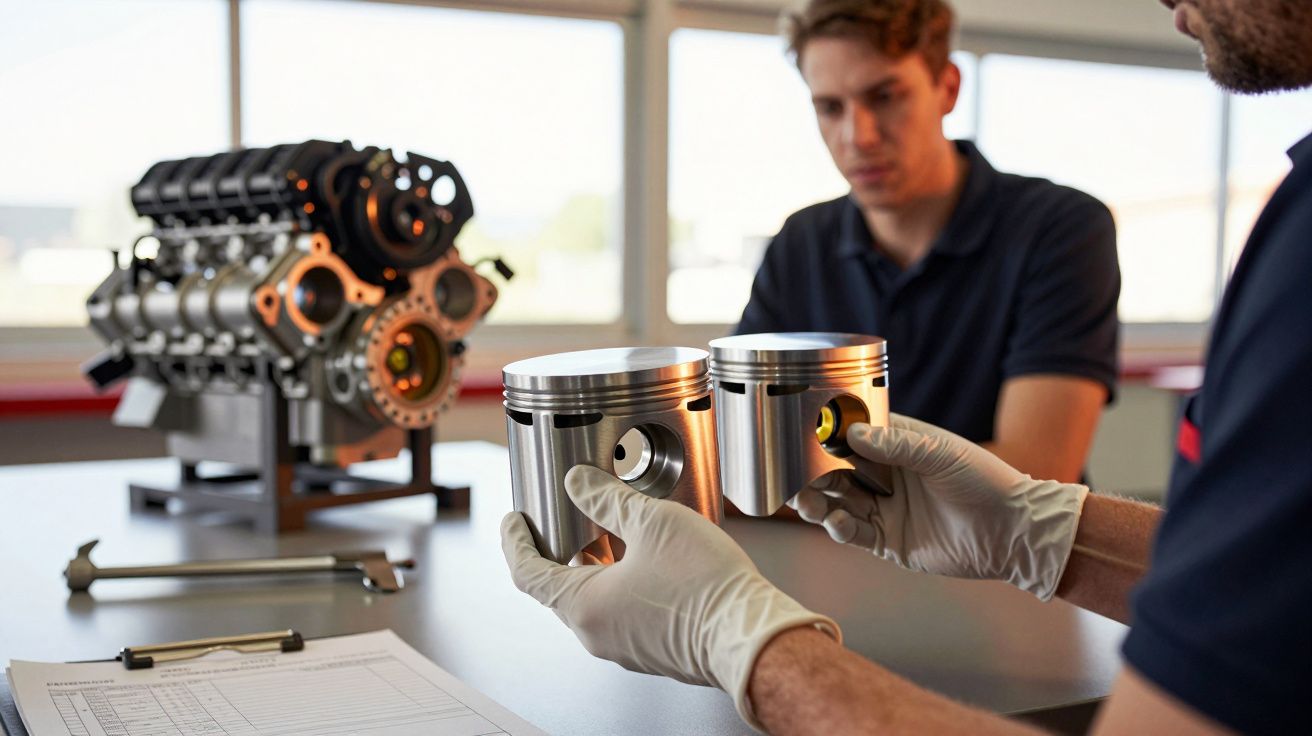Mężczyzna w rękawiczkach trzyma dwa tłoki, w tle drugi mężczyzna i silnik na stole.