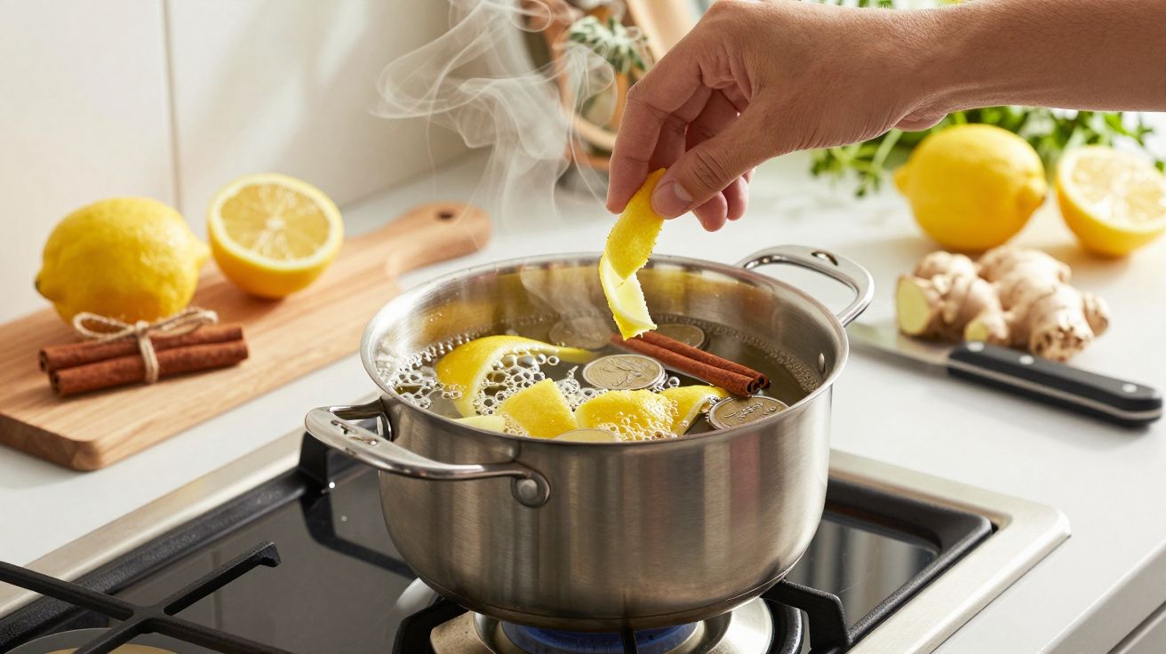 Ręka dodaje skórkę cytryny do garnka z gotującą się wodą, cynamonem i monetami. W tle cytryny i imbir na desce.