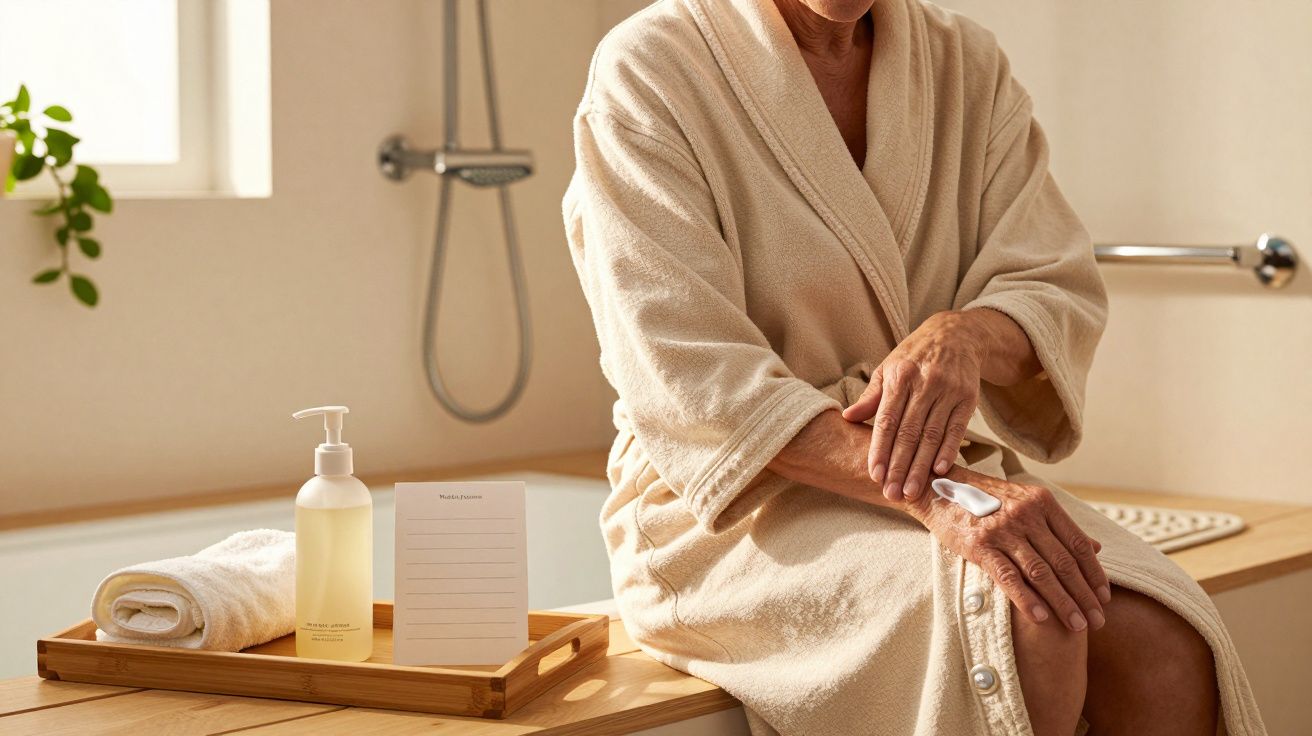 Starsza osoba w szlafroku w łazience, siedzi na wannie. Obok stoi taca z ręcznikiem, mydłem i notesem.
