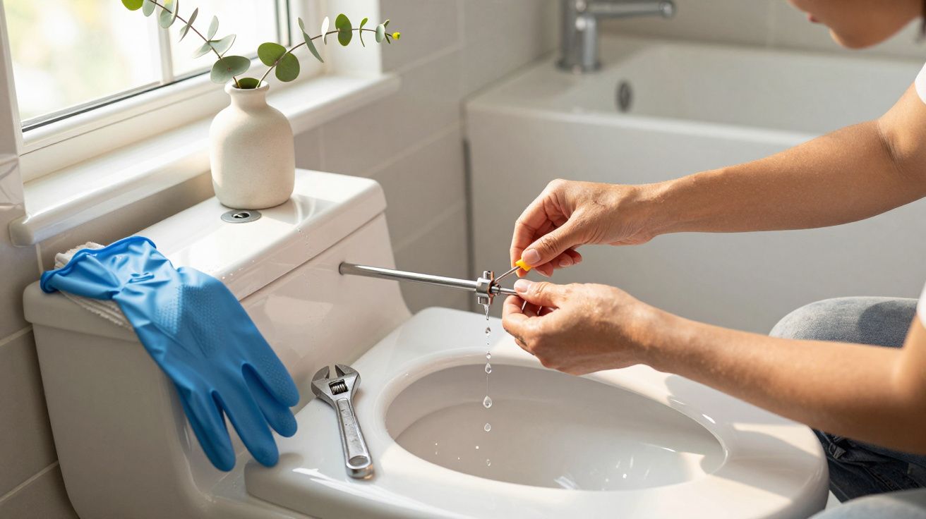 Osoba naprawia bidet, używając klucza i narzędzi. Po lewej rękawiczki i doniczka na toalecie.