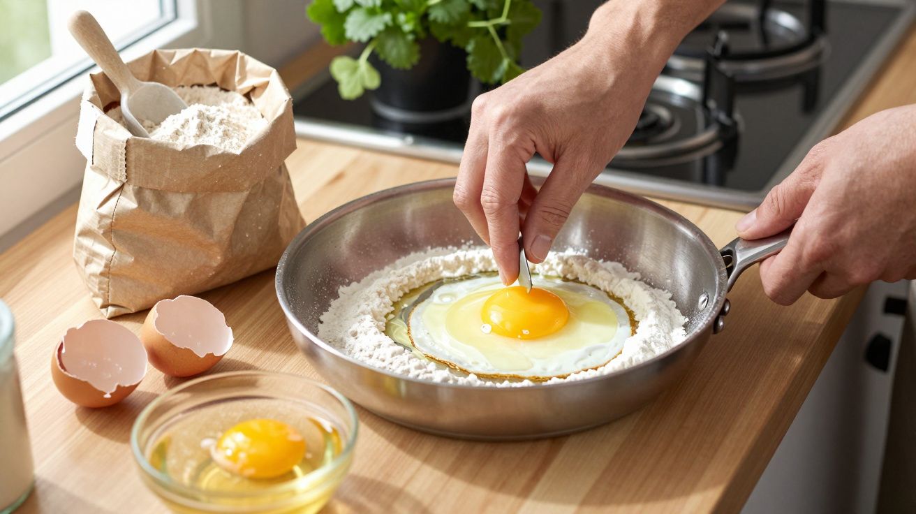 Osoba wbijająca jajko na patelnię z mąką, obok miska z jajkiem i torebka mąki na blacie kuchennym.
