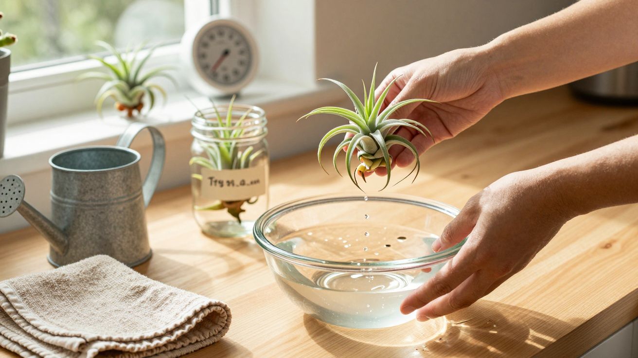 Osoba trzyma oplątwa nad miską z wodą na drewnianym blacie. Obok leżą ręcznik i konewka.