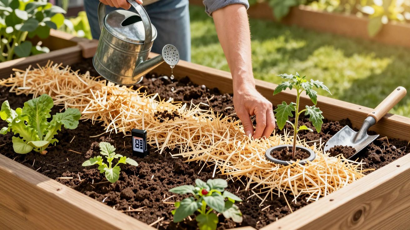 Osoba podlewa i pielęgnuje rośliny w drewnianej skrzyni w ogrodzie. Obok narzędzie ogrodnicze.