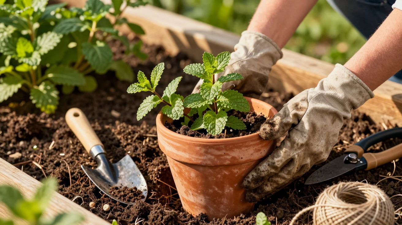 Osoba w rękawiczkach sadzi roślinę w doniczce w ogrodzie, obok narzędzia ogrodnicze na ziemi.