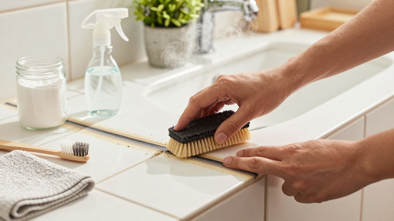 Osoba czyści fugi między płytkami w łazience za pomocą szczotki. Na blacie spray, sól i szczoteczka.