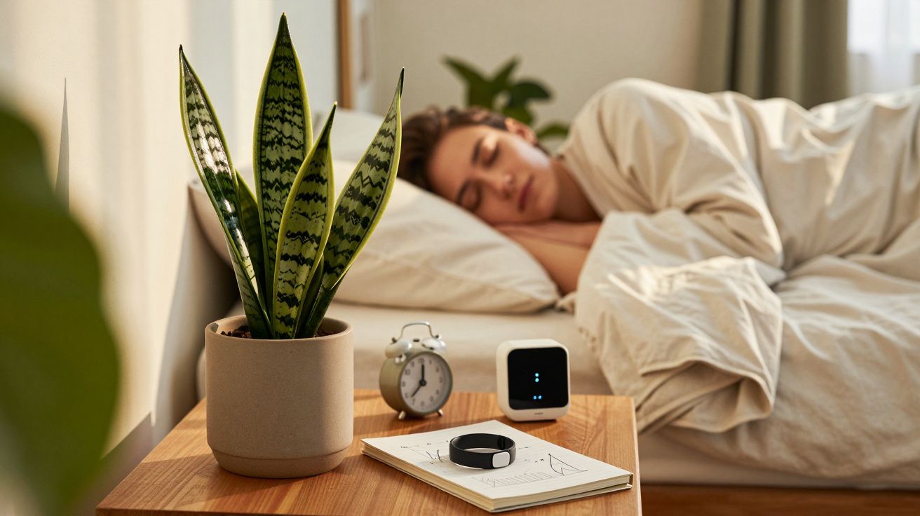 Osoba śpiąca w łóżku, na stoliku roślina, zegar, notatnik i urządzenie elektroniczne.