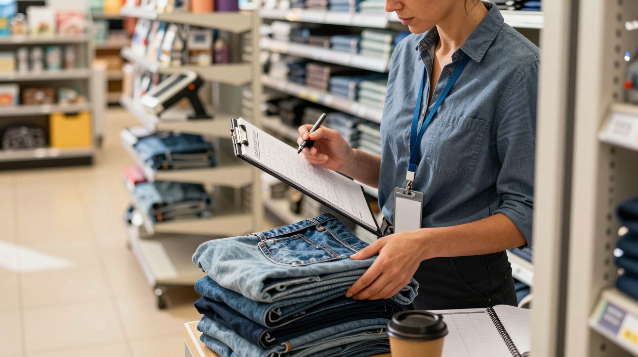 Kobieta w sklepie odzieżowym sporządza notatki na clipboardzie, obok niej stos złożonych dżinsów i kubek z kawą.