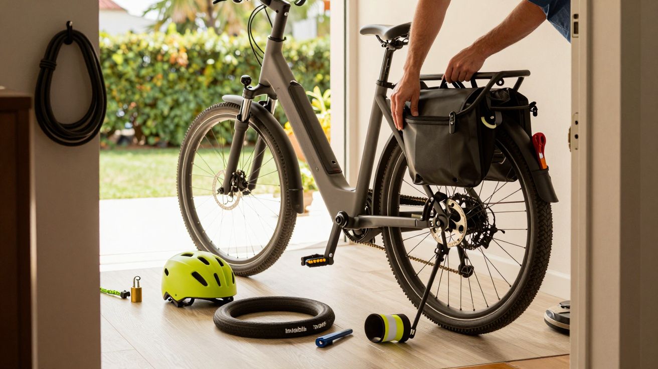Rower w domu z akcesoriami: kask, opona, zapięcie, pompka, torba. Osoba wkłada torbę na bagażnik roweru.