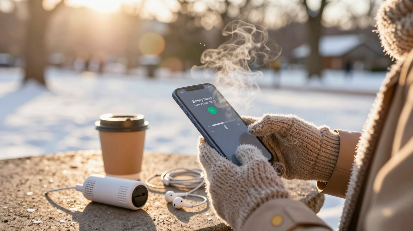 Osoba w rękawiczkach trzyma telefon na świeżym powietrzu, obok kubek i słuchawki na stoliku w zimowym krajobrazie.