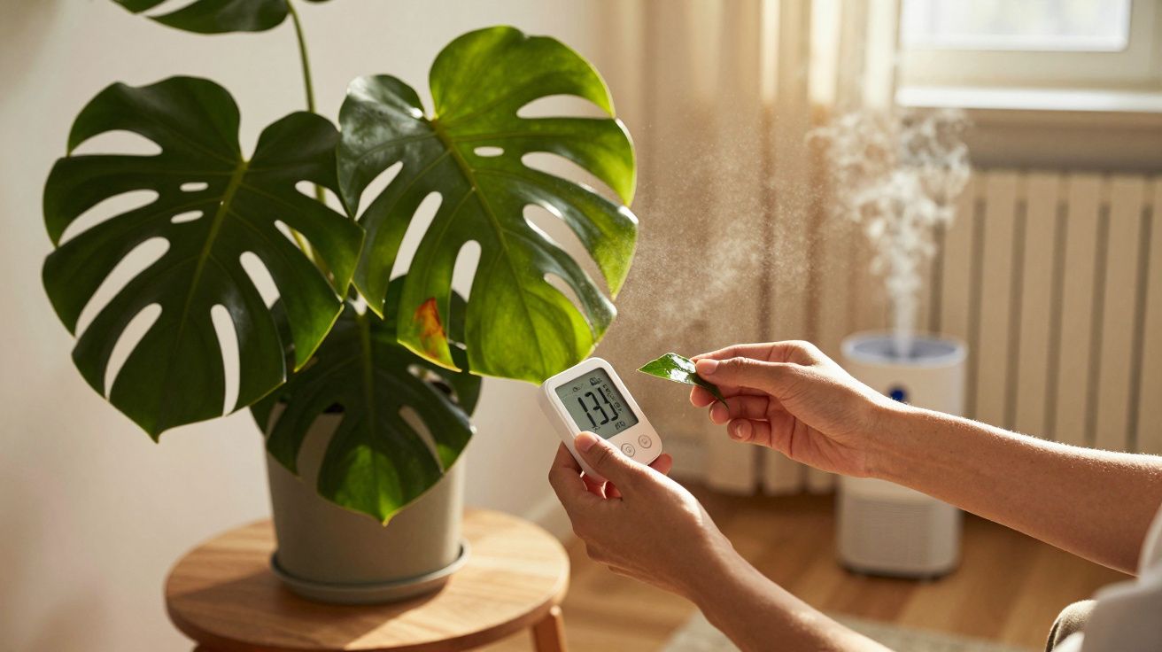 Osoba trzymająca termometr, liść monstery, w tle nawilżacz powietrza w jasnym pokoju.