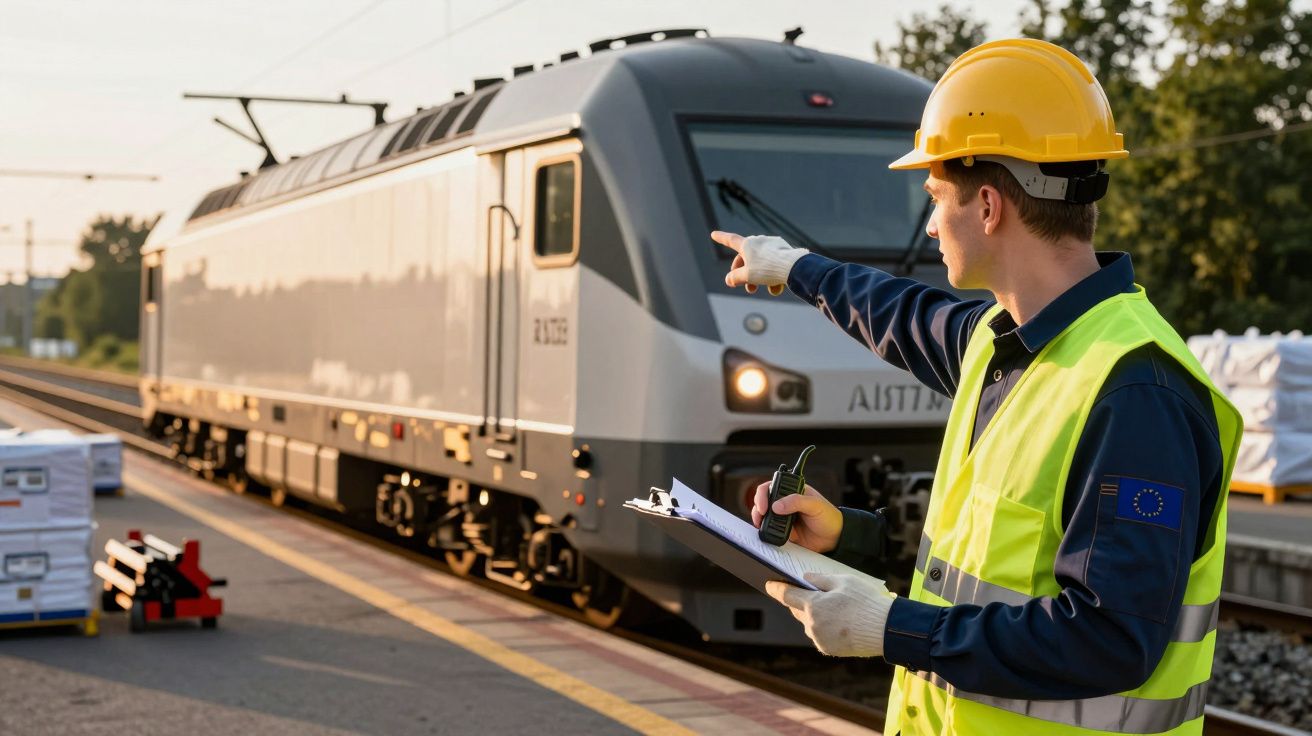 Mężczyzna w kamizelce odblaskowej i kasku wskazuje na pociąg na peronie, trzymając notatnik.
