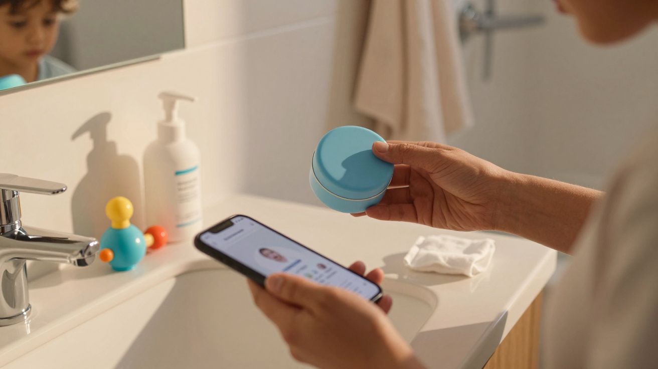Osoba w łazience trzyma niebieskie pudełko i smartfon, obok umywalki z zabawkami i dozownikiem płynu.