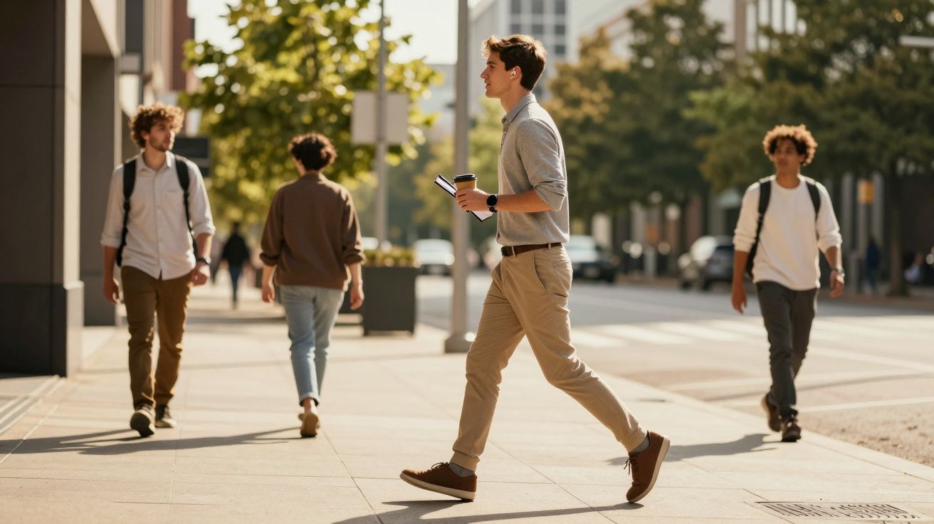 Mężczyzna z kubkiem kawy przechodzi przez ulicę w mieście, otoczony innymi pieszymi.