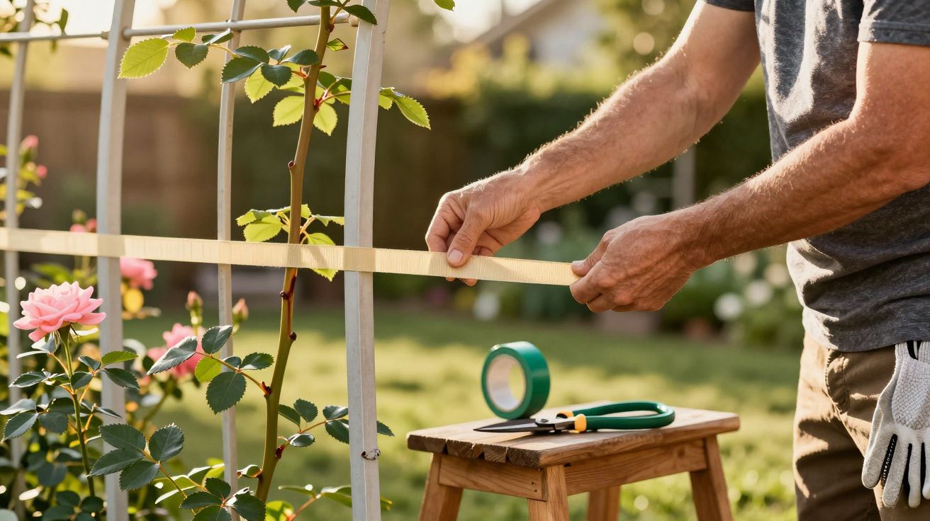 Mężczyzna przywiązuje łodygę róży do podpory w ogrodzie, obok leżą nożyczki i taśma ogrodnicza.