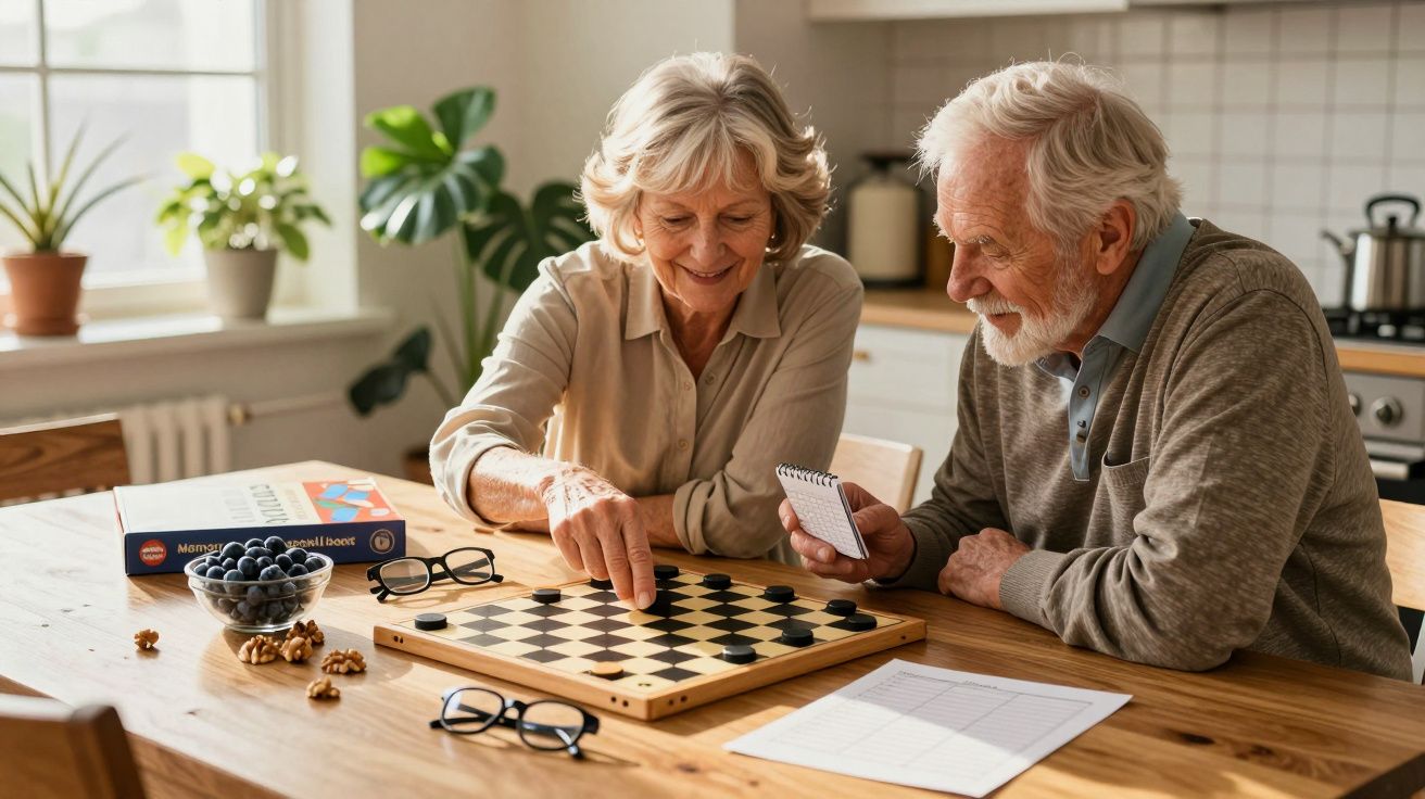 Starsza para grająca w warcaby przy stole w jasnej kuchni. Na stole są okulary, zeszyt, orzechy i miska jagód.