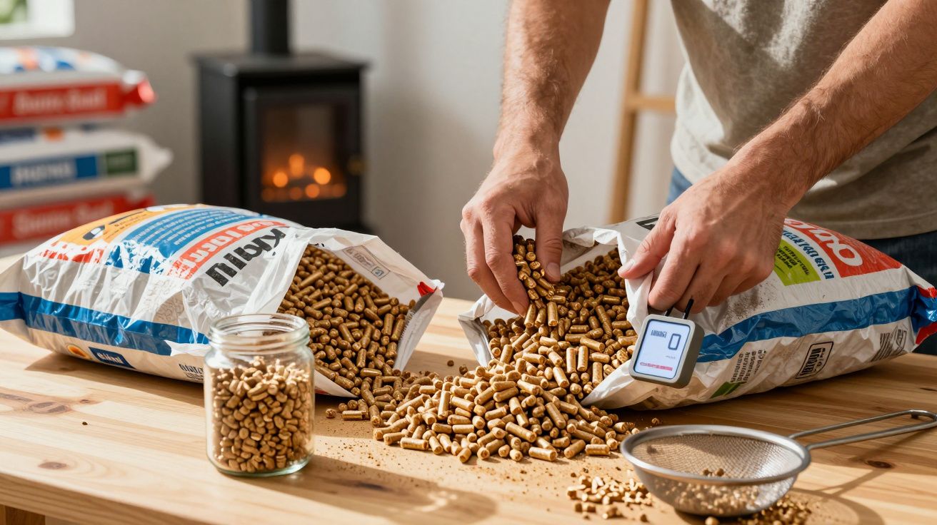 Mężczyzna wsypuje drewniane pellety z worka na drewniany stół, w tle kominek.