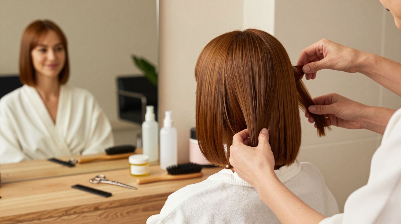 Kobieta z krótkimi rudymi włosami siedzi przed lustrem, fryzjer układa jej włosy.