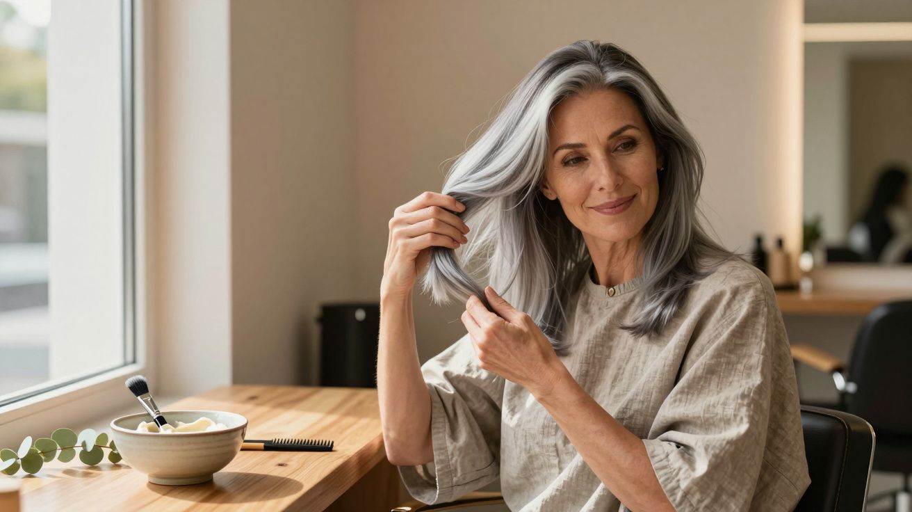 Kobieta z siwymi włosami w salonie fryzjerskim, siedząca przed lustrem i dotykająca swoich włosów.