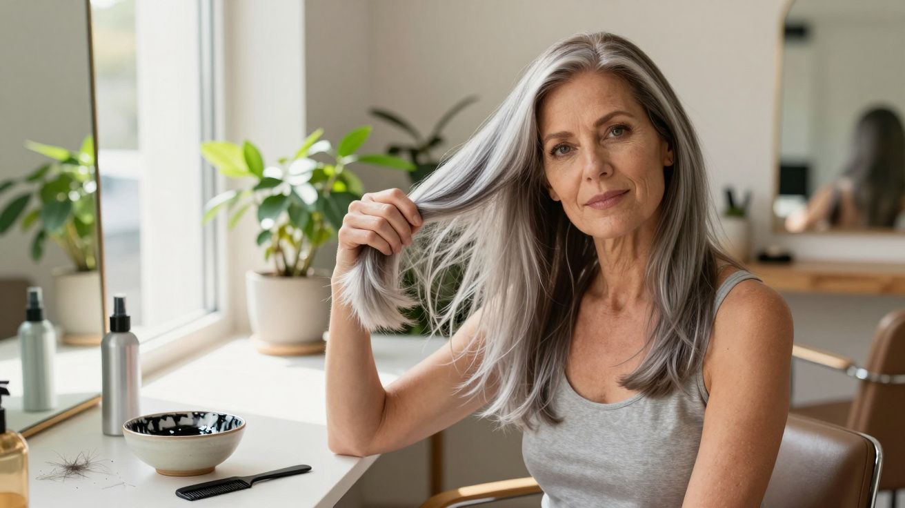 Kobieta o siwych włosach trzyma kosmyk włosów, siedząc przy toaletce z roślinami i kosmetykami.