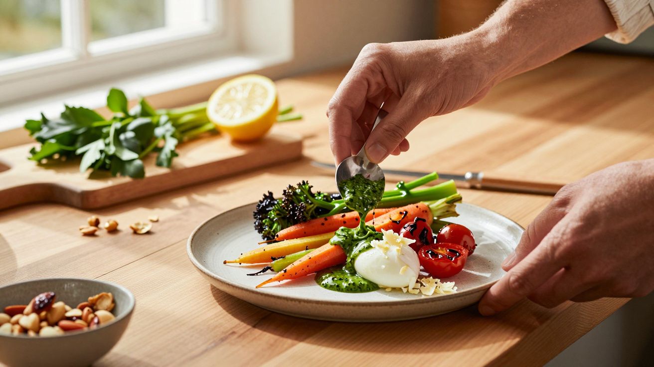 Osoba nakłada zielony sos na talerz z pieczonymi marchewkami, brokułem i papryką w domowej kuchni.